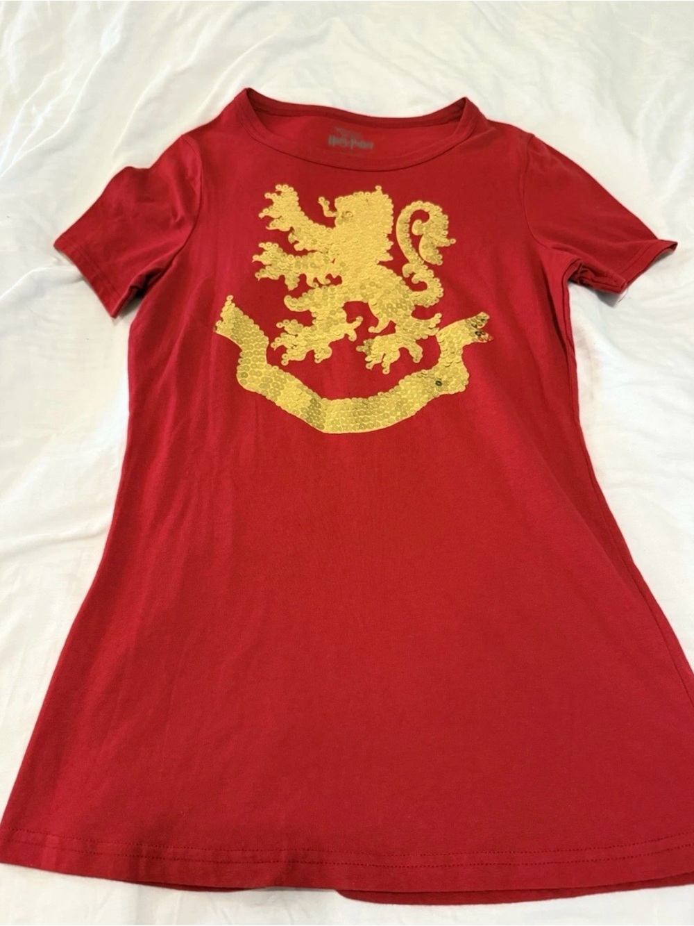 Red Short Sleeve Tee with Gold Sequin Lion Crest